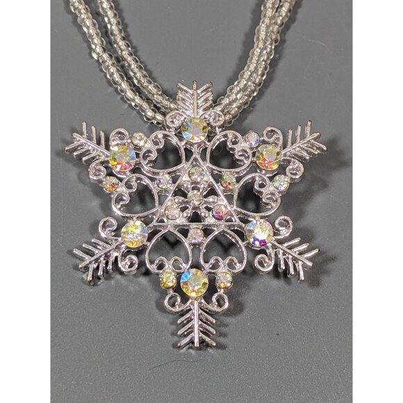 Winter Snowflake Pendant AB Rhinestone Glass and Acrylic Bead Necklace 19 in - Picture 4 of 10